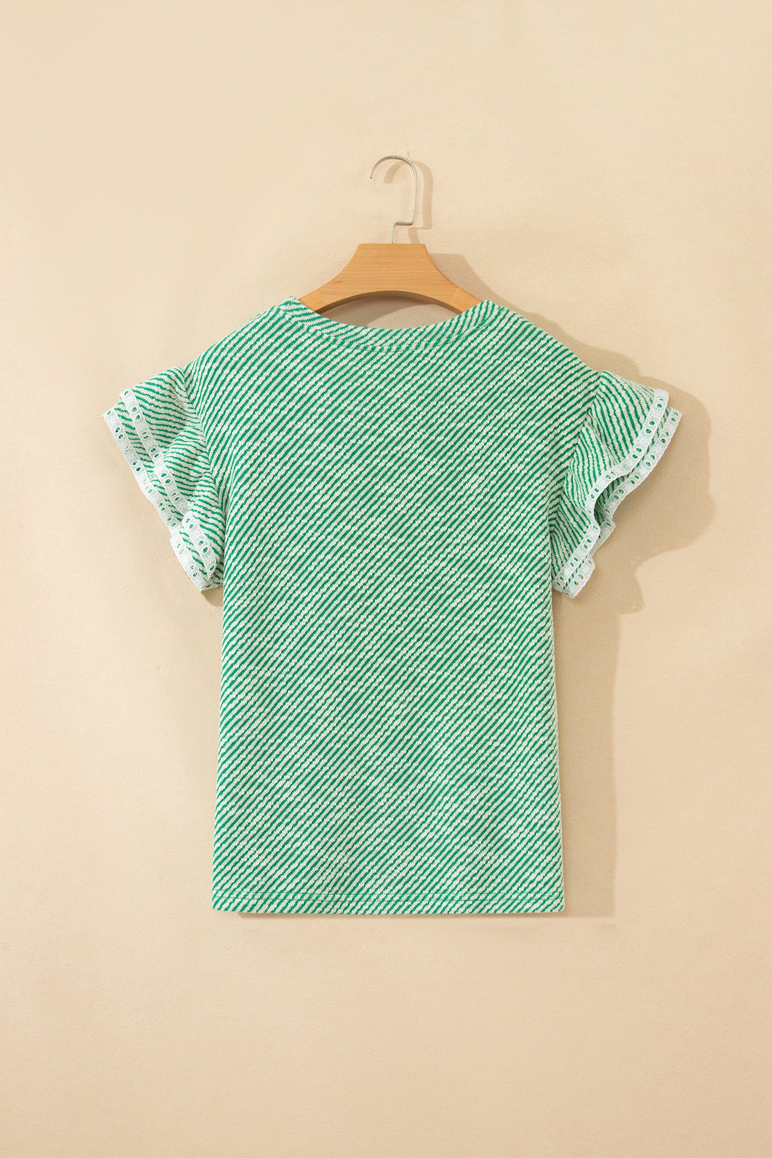 Women's Clearly Aqua Twilled Print Lace Trim Ruffled Short Sleeve Blouse at LivelyLooks