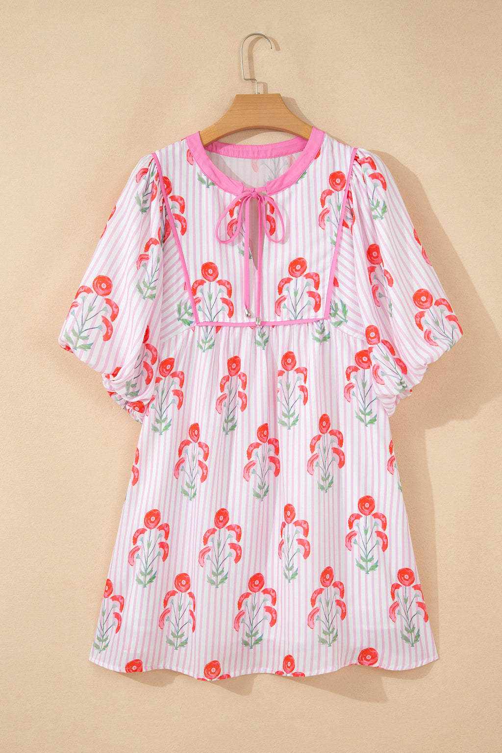 Pink & Sky Blue Floral Stripe Tie Notched Neck Puff Sleeve Mini Dress S-XL