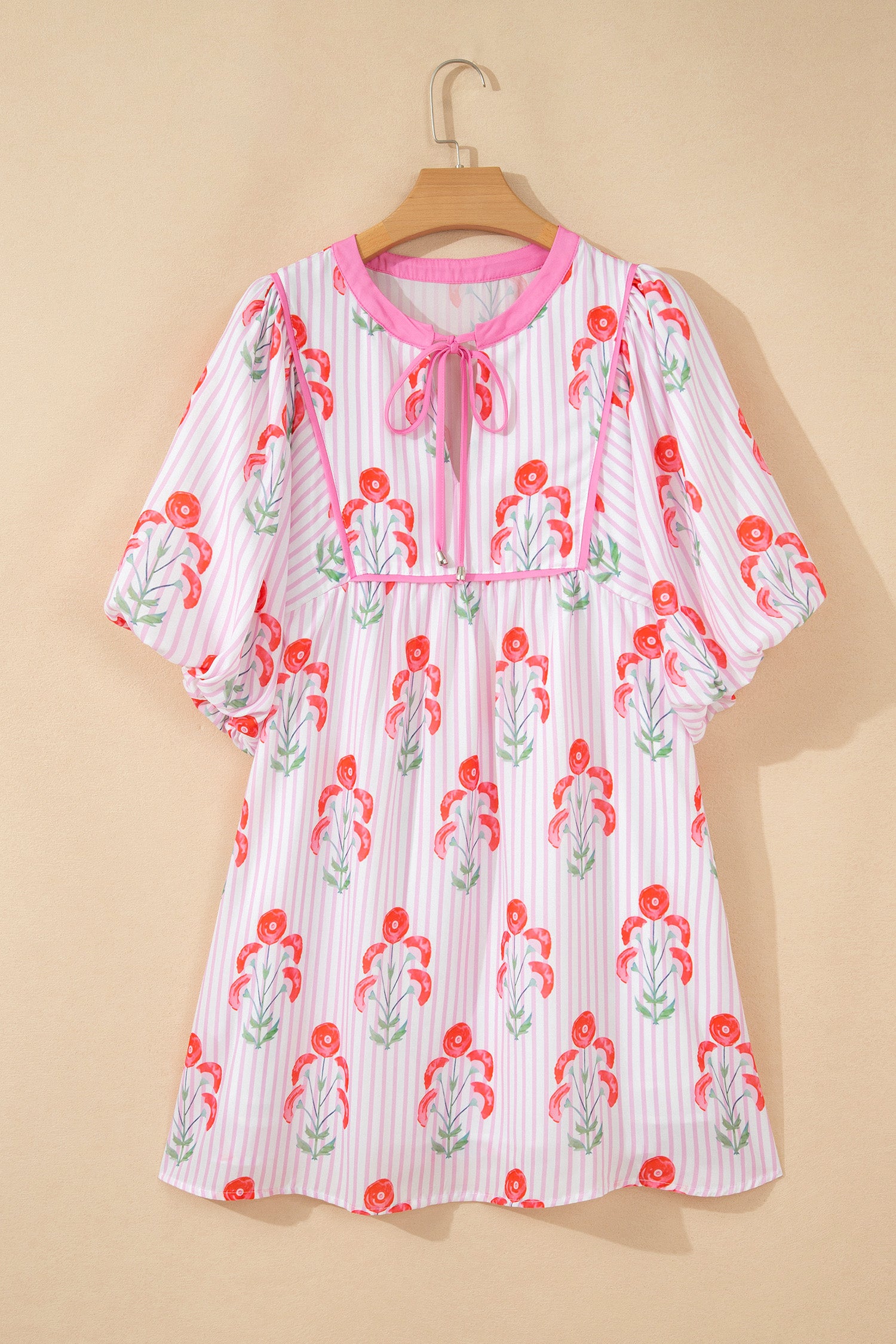 Pink & Sky Blue Floral Stripe Tie Notched Neck Puff Sleeve Mini Dress S-XL