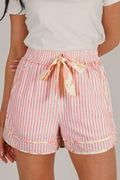 Women's Light Pink Striped Floral Trim Ribbon Knot Casual Shorts at LivelyLooks