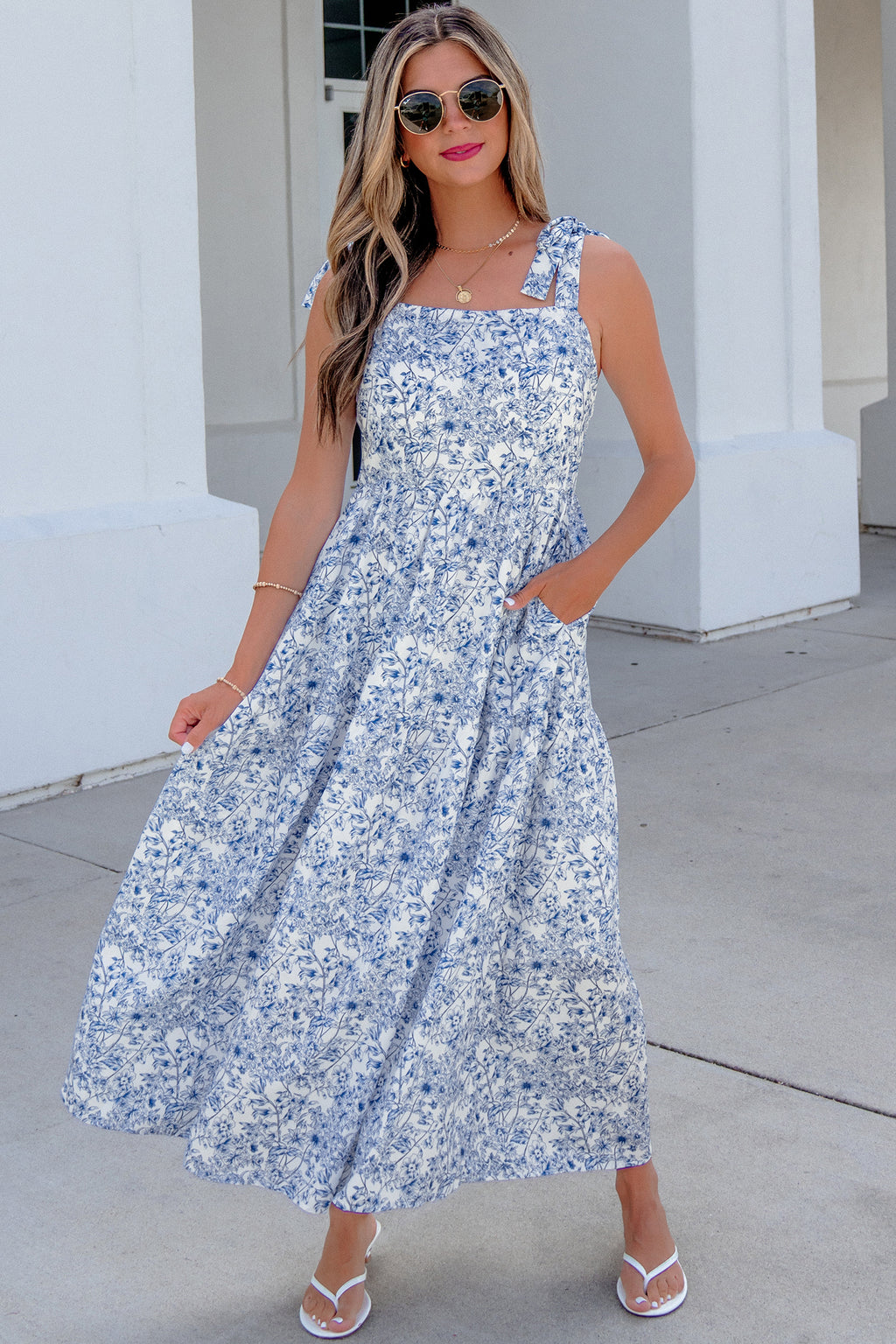 Sky Blue Floral Maxi Dress Knot Straps High Waist Flared Women S-XL