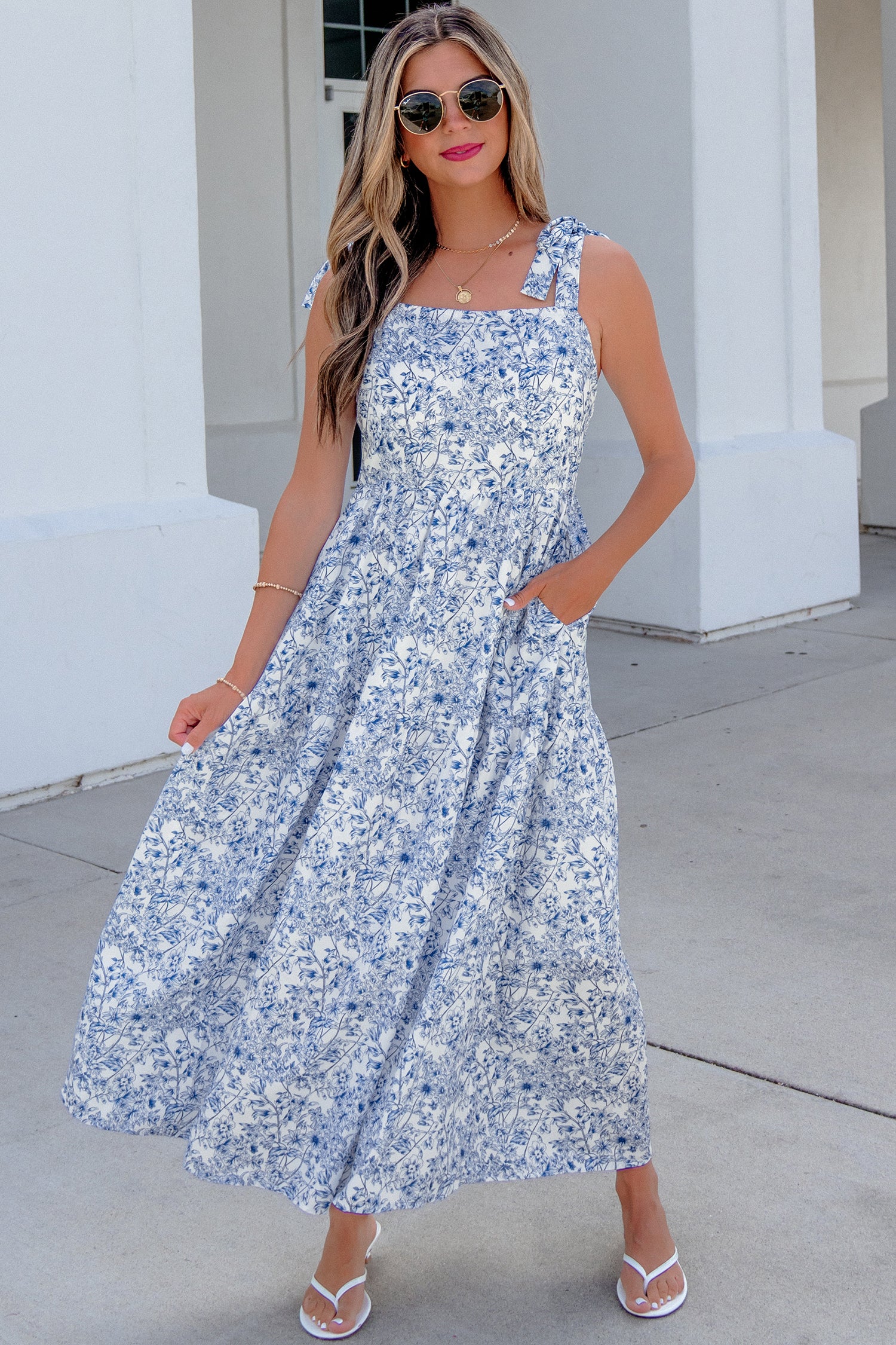 Sky Blue Floral Maxi Dress Knot Straps High Waist Flared Women S-XL
