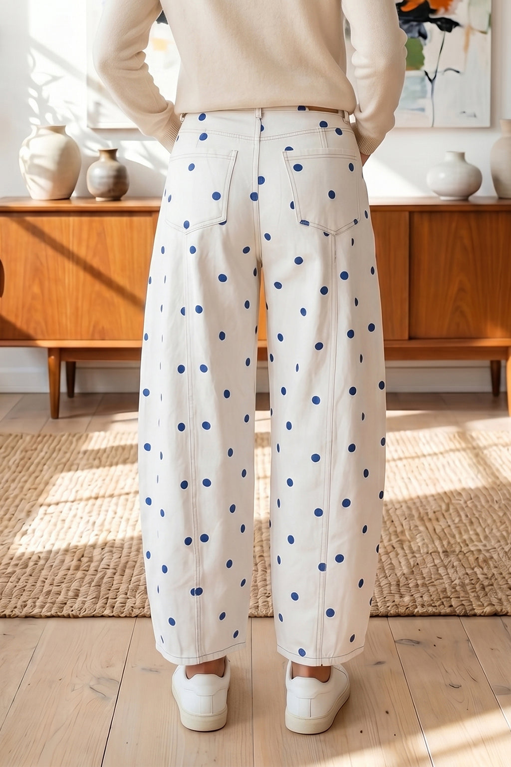 Polka Dot Ankle Length Regular Fit Casual Jeans | Blue & Pink