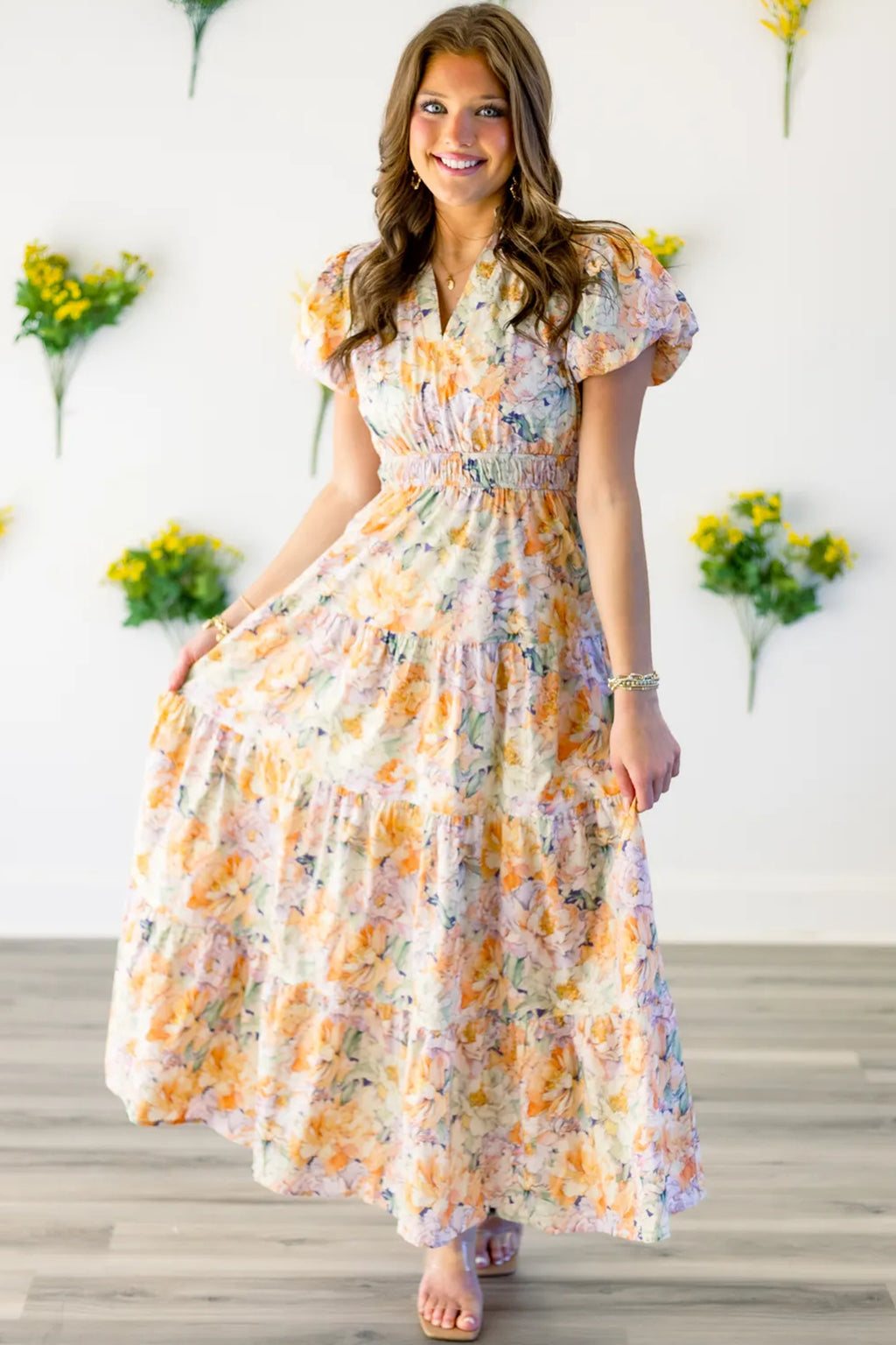 Women's Floral Bubble Sleeve V-Neck Flared Maxi Dress | Orange | S-XL at LivelyLooks
