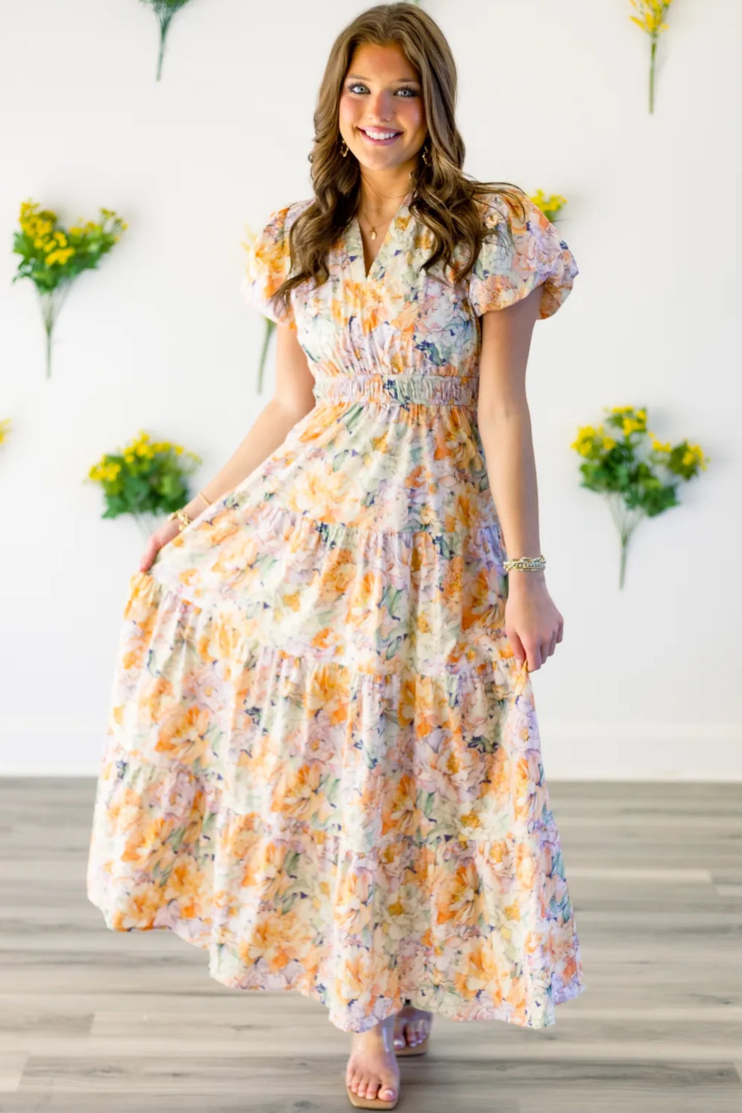 Women's Floral Bubble Sleeve V-Neck Flared Maxi Dress | Orange | S-XL at LivelyLooks