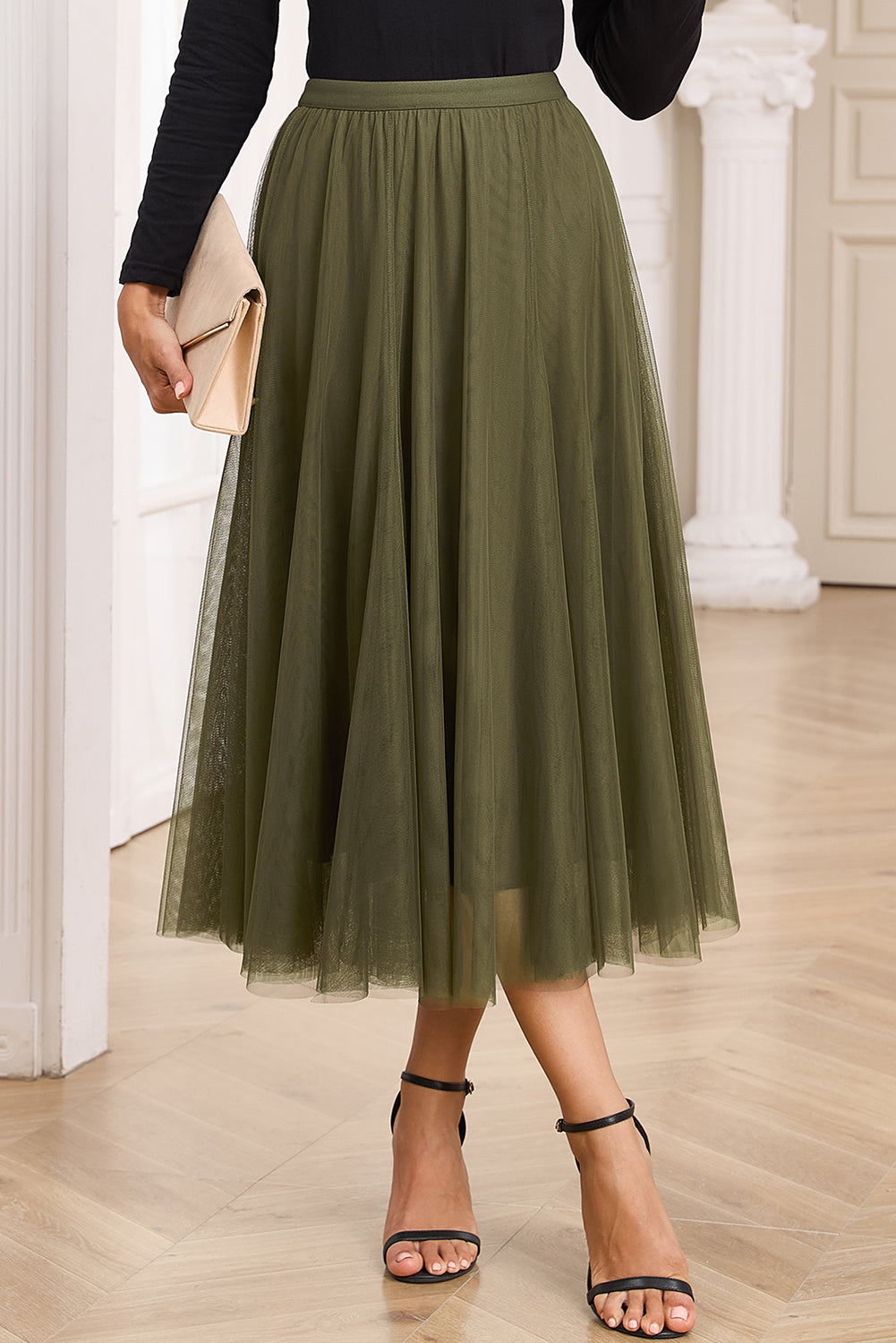 Shop Women's Tulle Flared Midi Skirt Layered Mesh Overlay Green Beige S-XL at LivelyLooks