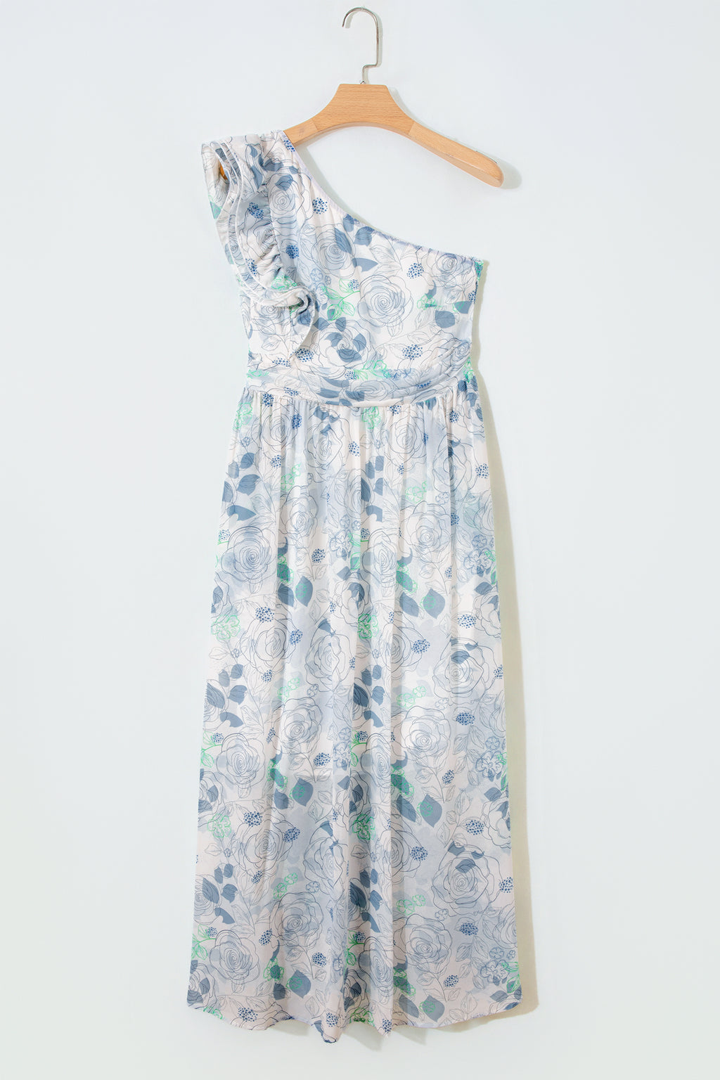 Sky Blue Floral One Shoulder Maxi Dress | Ruffle Sleeveless with Pockets