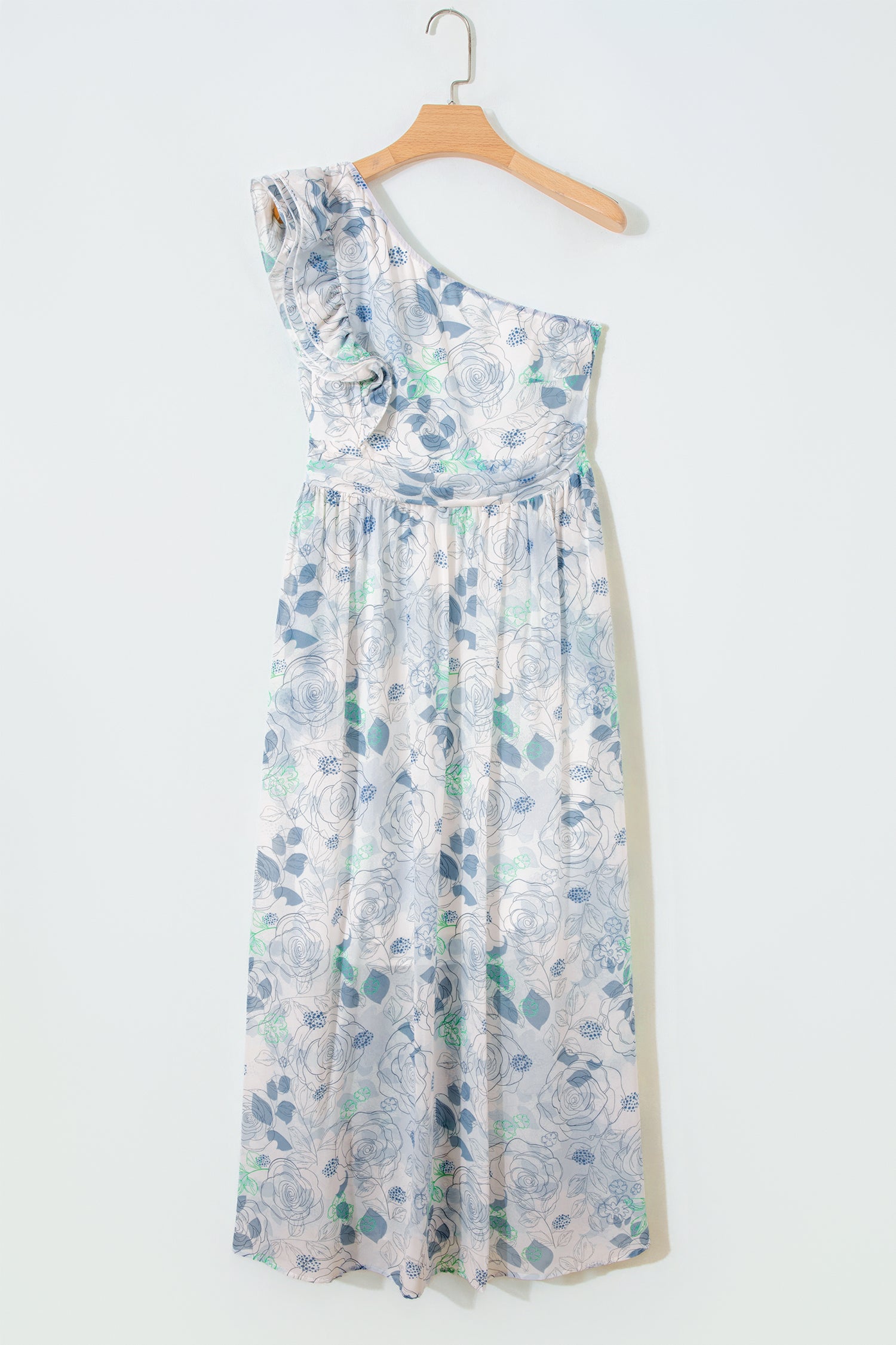 Sky Blue Floral One Shoulder Maxi Dress | Ruffle Sleeveless with Pockets