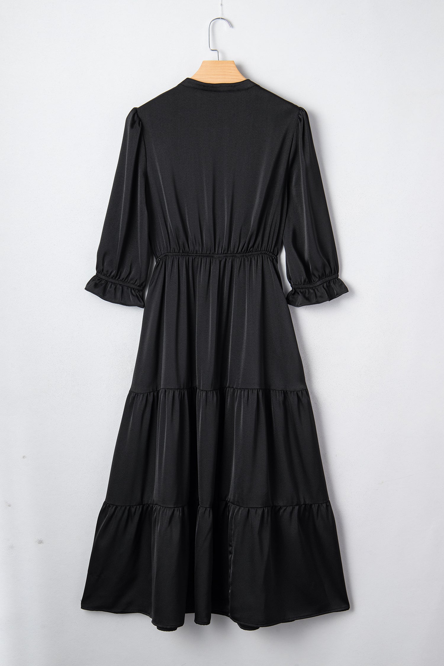 Black Tiered Maxi Dress Flounced Bracelet Sleeve V Neck Women S-XL