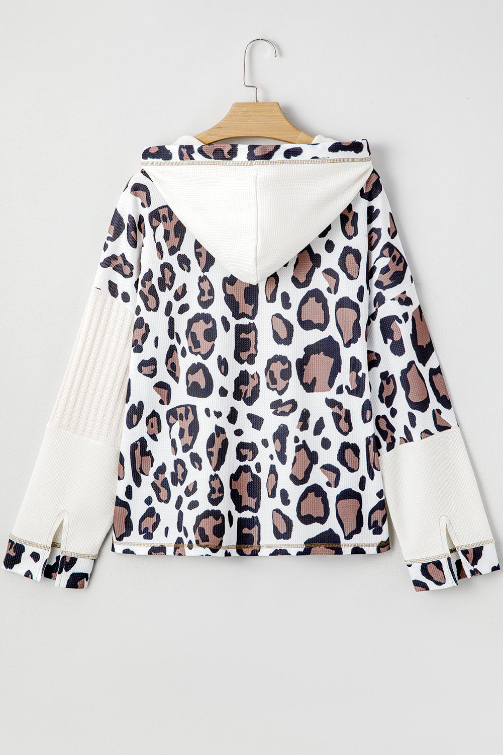 Apricot Leopard Contrast Patchwork Zip Up Drop Shoulder Hoodie