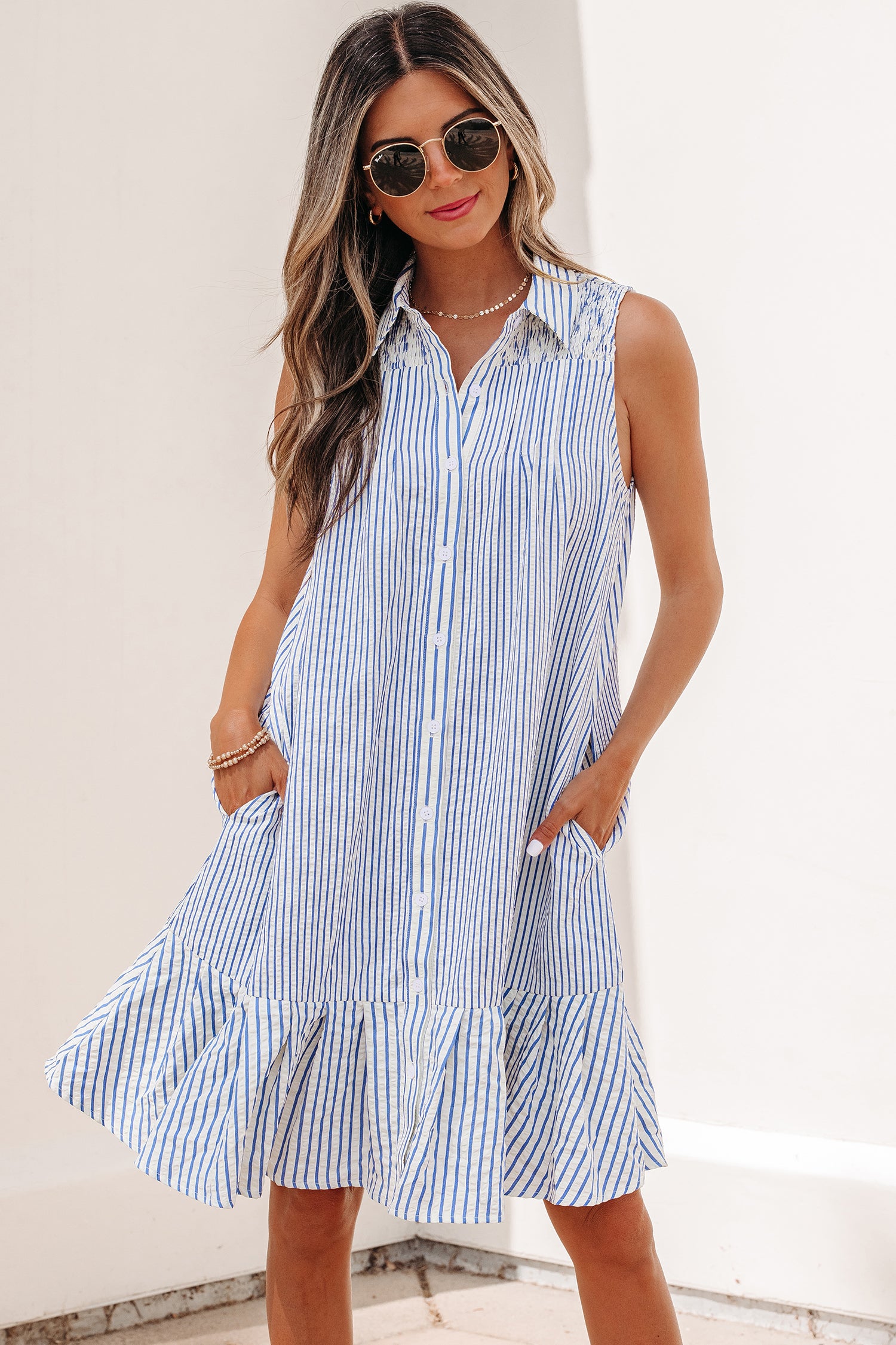 Sky Blue Stripe Ruffle Hem Shirt Collar Shirred Mini Dress S-XL
