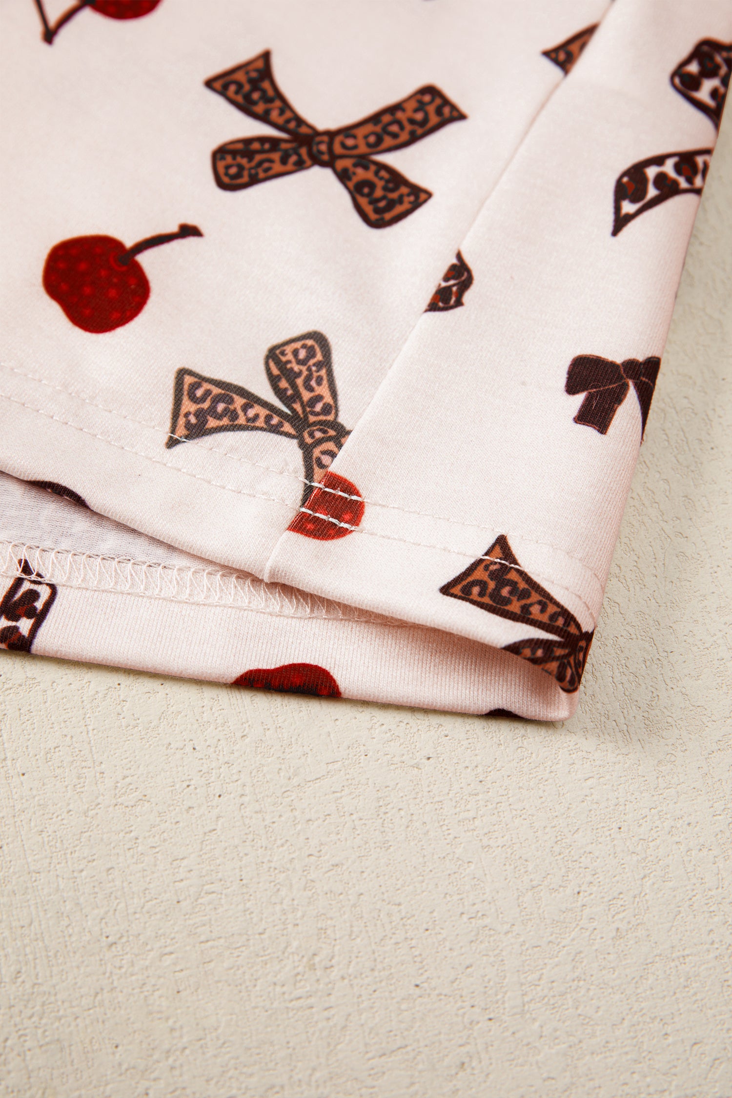 Shop White Cherry Print Leopard Patchwork PJ Set Bow Shirt and Drawstring Shorts Pyjamas at LivelyLooks