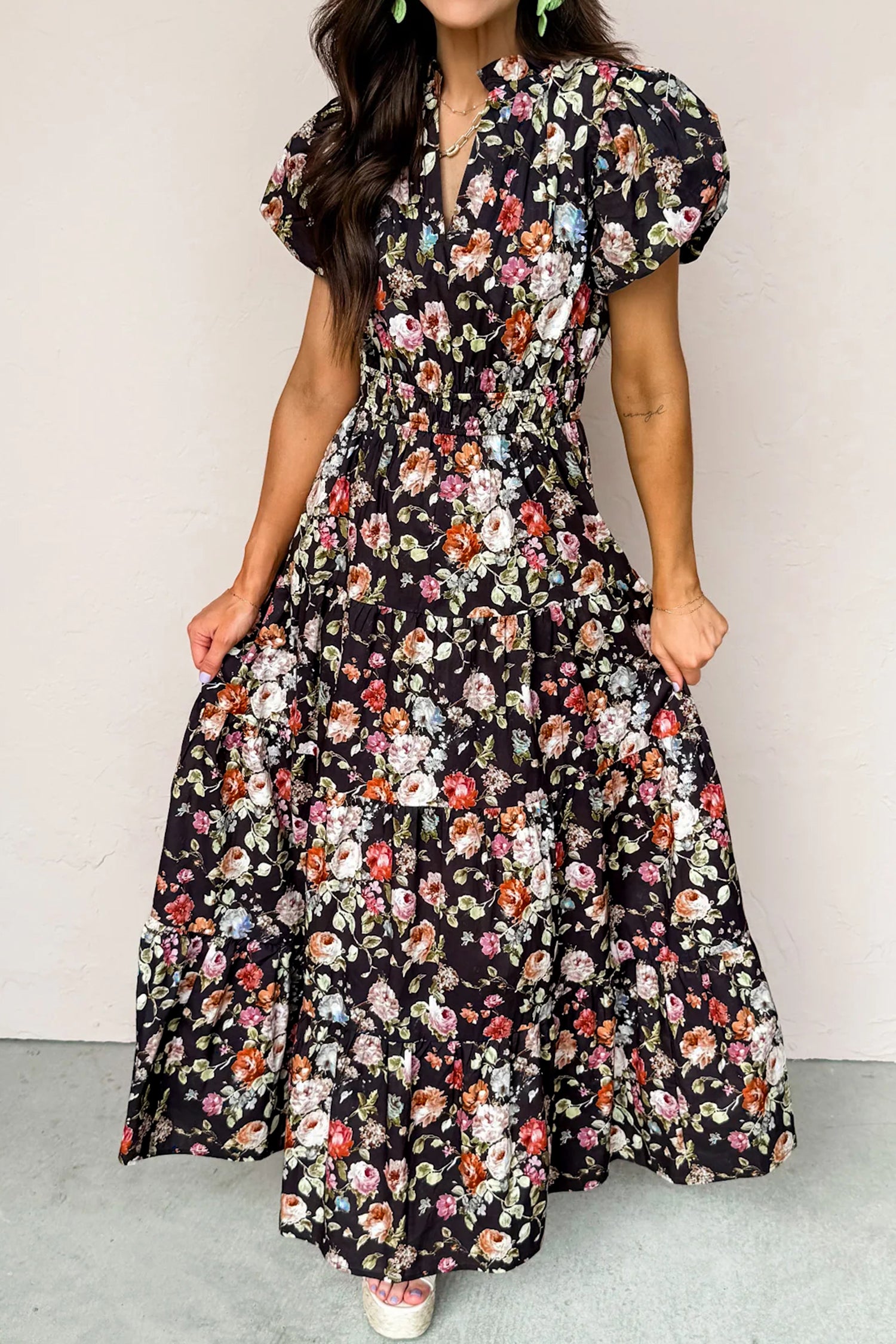 Black Floral Print V Neck Pleated Tiered Maxi Dress S-XL