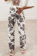 Brown Cow Print High Rise Barrel Leg Multi-Pocket Jeans