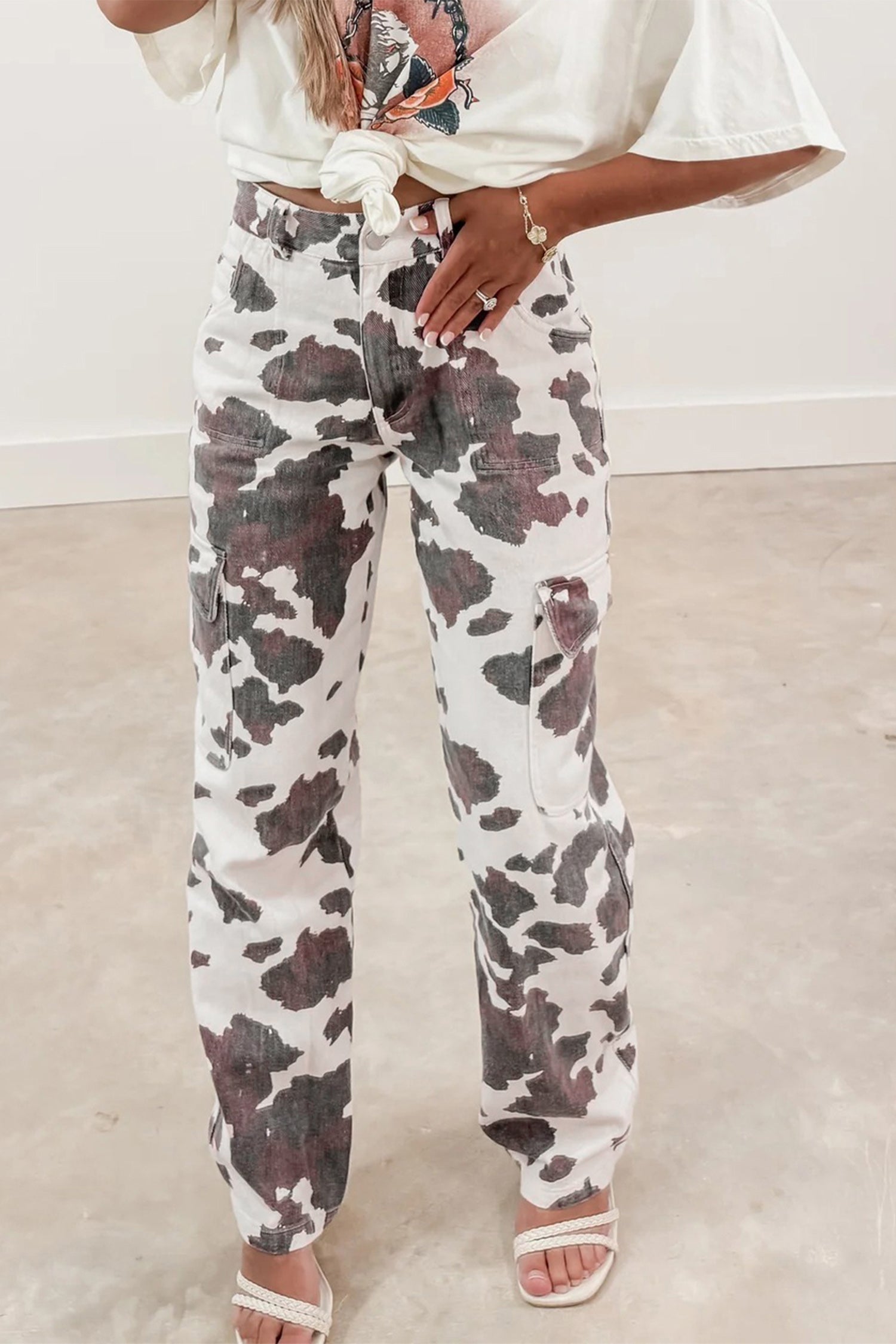 Brown Cow Print High Rise Barrel Leg Multi-Pocket Jeans