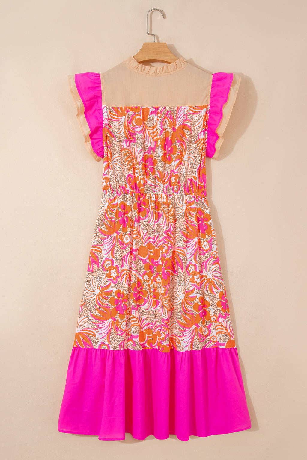 Rose Floral Colour Block Ruffled Short Sleeve Flared Midi Dress S-XL