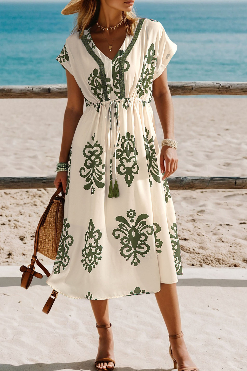 Abstract Print Embroidered V-Neck Dolman Sleeve Boho Midi Dress | Green & Apricot