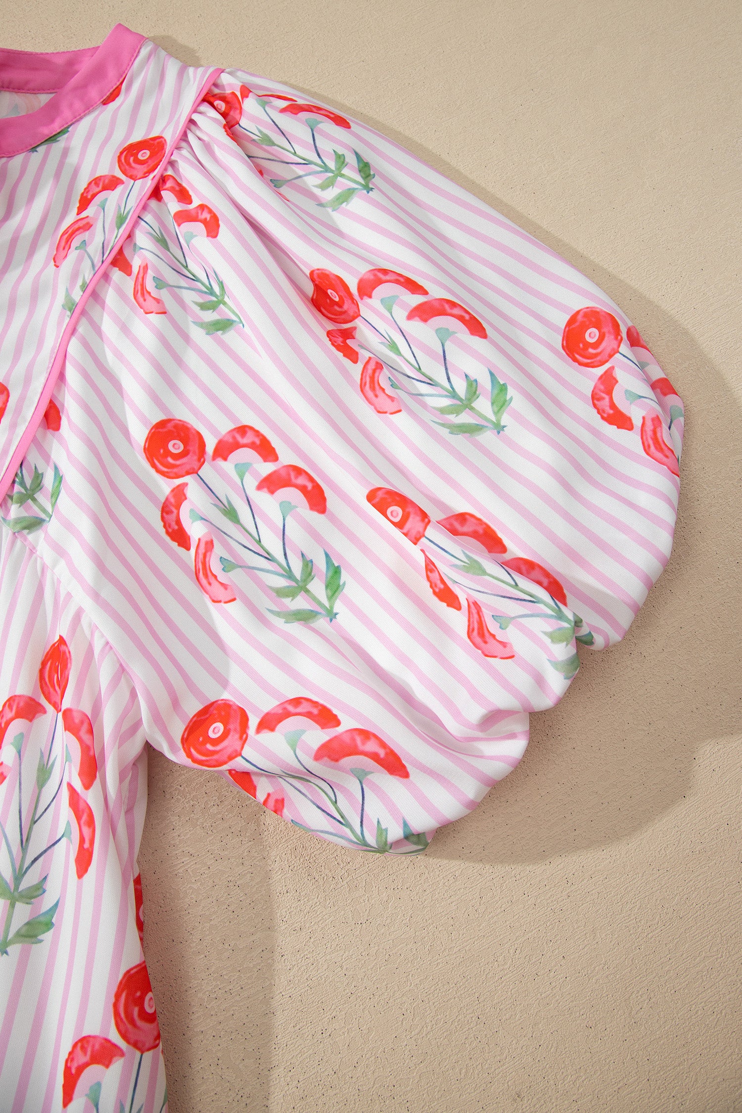 Pink & Sky Blue Floral Stripe Tie Notched Neck Puff Sleeve Mini Dress S-XL