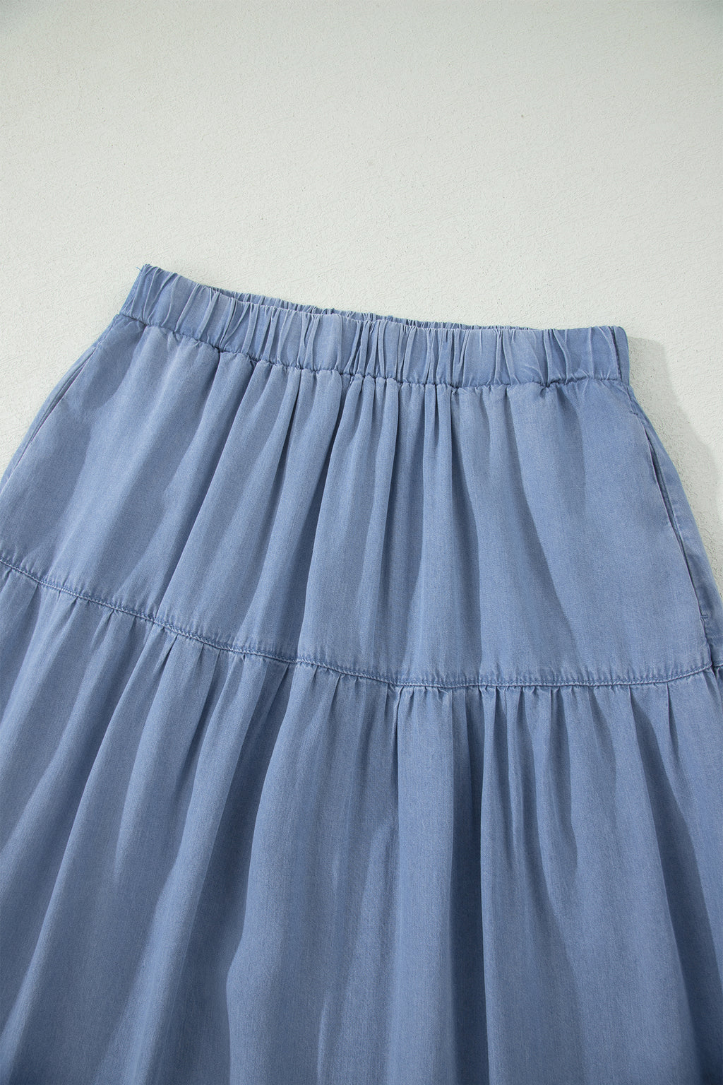 Women's Women's Flared Denim Maxi Skirt Tiered Ruffled Elastic Waist Blue S-XL at LivelyLooks