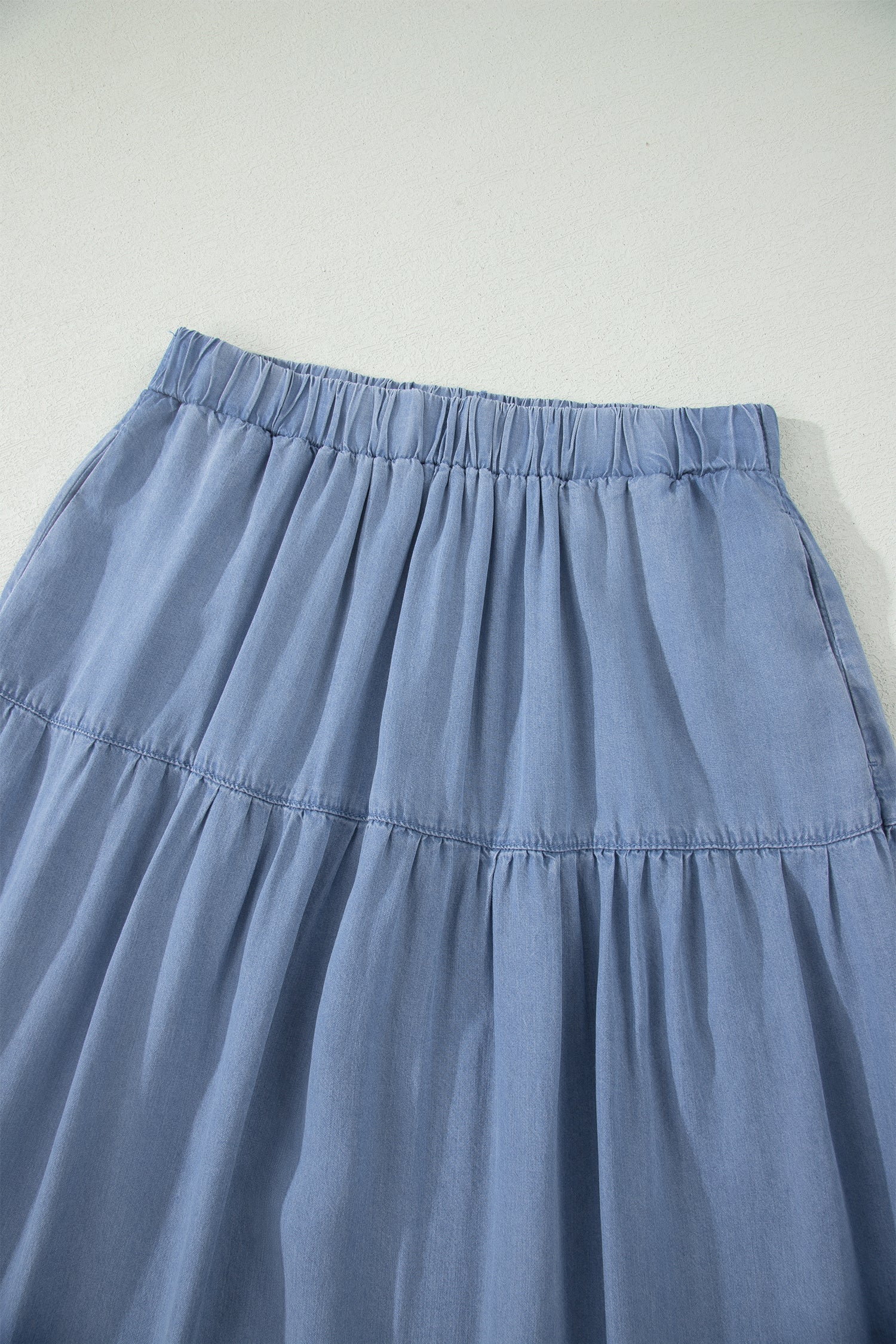 Women's Women's Flared Denim Maxi Skirt Tiered Ruffled Elastic Waist Blue S-XL at LivelyLooks