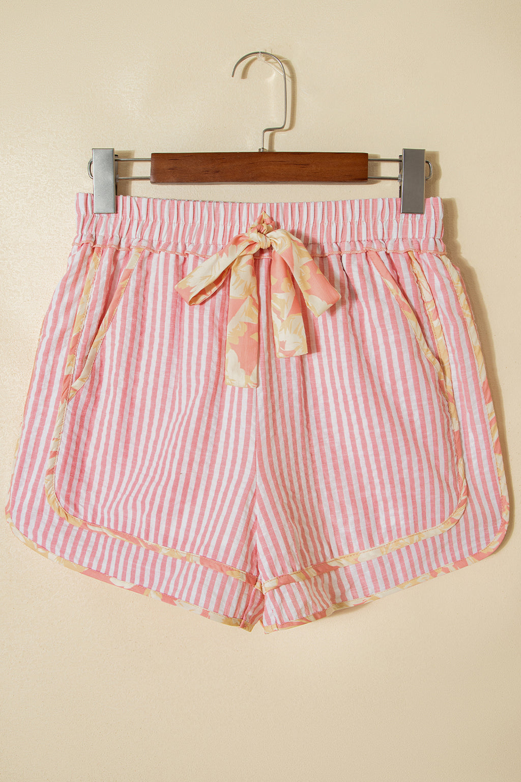 Women's Light Pink Striped Floral Trim Ribbon Knot Casual Shorts at LivelyLooks
