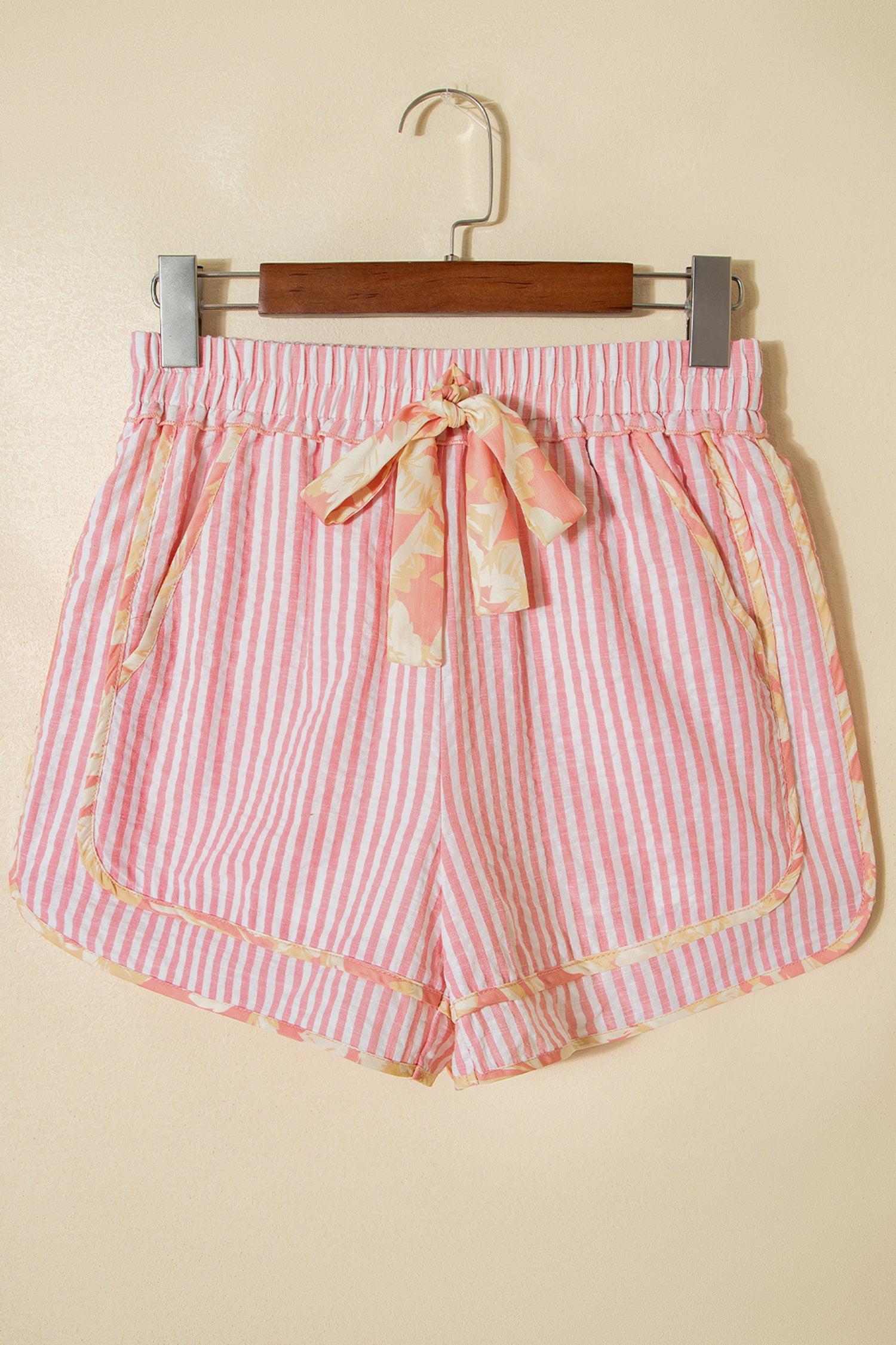 Women's Light Pink Striped Floral Trim Ribbon Knot Casual Shorts at LivelyLooks