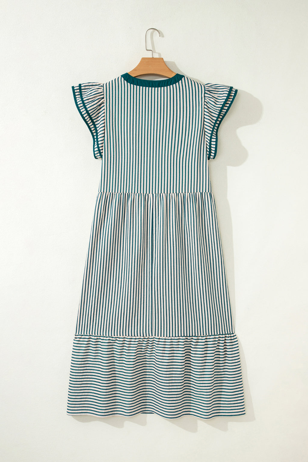 Stripe Double Ruffle Sleeve V-Neck Midi Dress | Green, Brown & Black