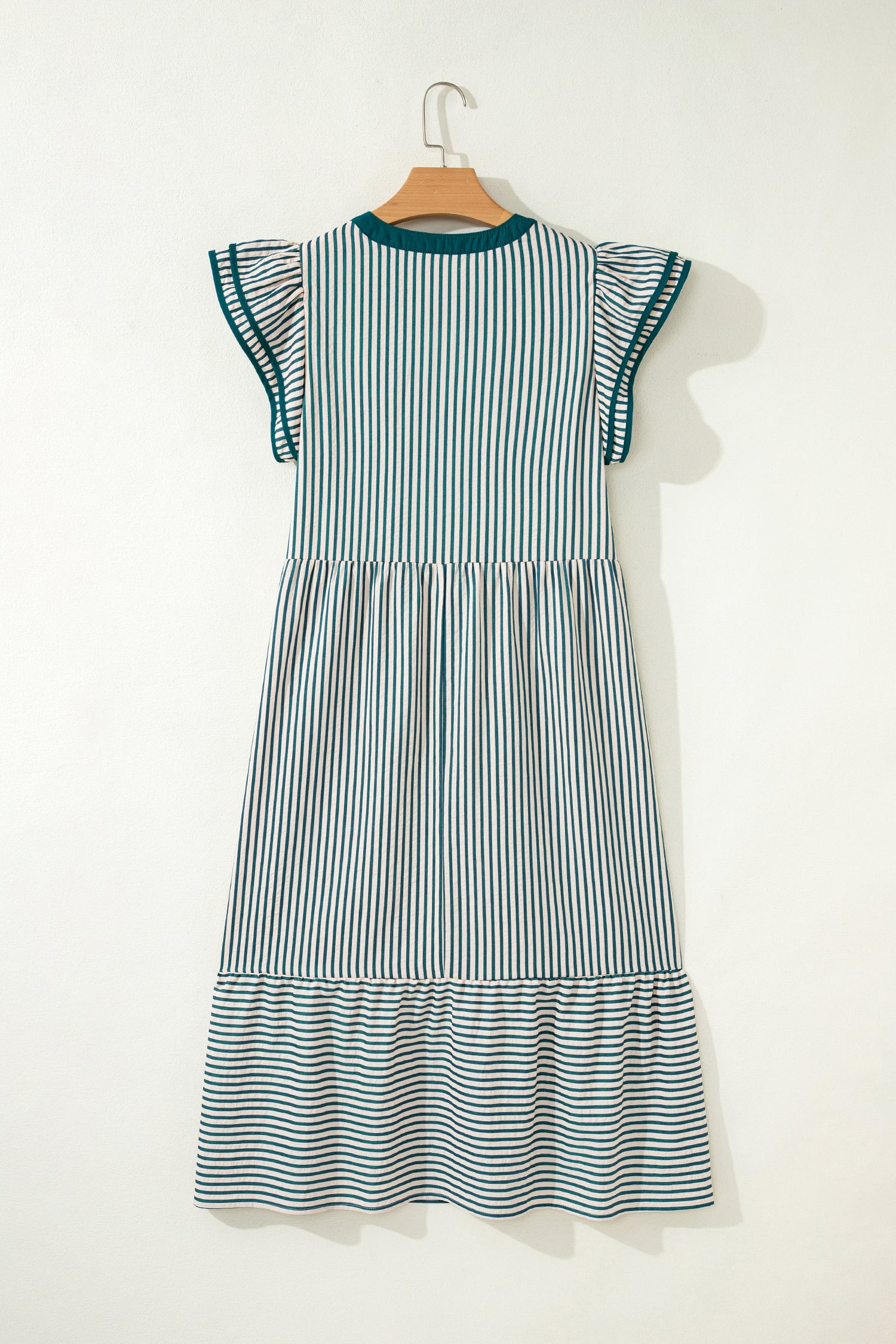 Stripe Double Ruffle Sleeve V-Neck Midi Dress | Green, Brown & Black