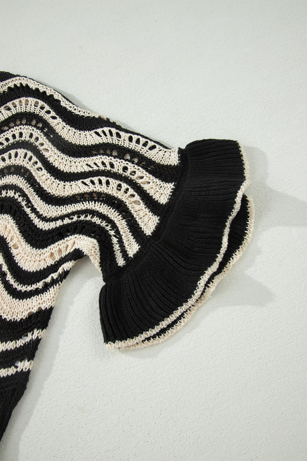 Shop Black Stripe Wavy Crochet Eyelet Detail Ruffle Half Sleeve Sweater at LivelyLooks