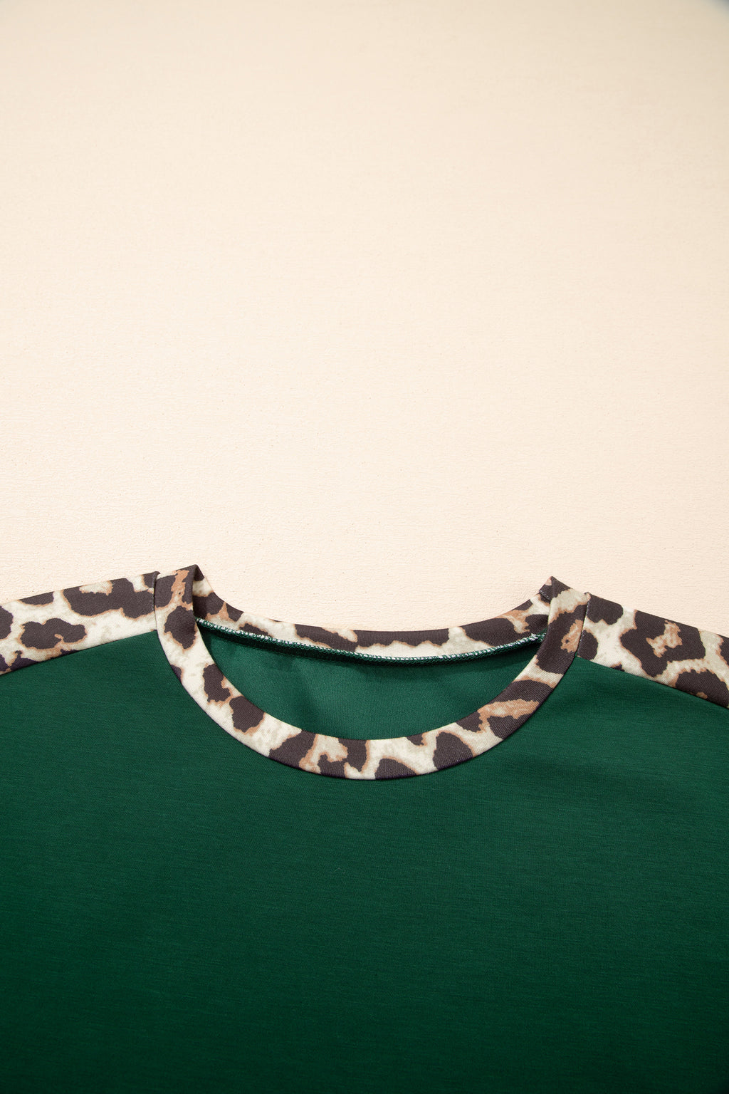 Leopard Trim Loose T-Shirt Green & Beige Relaxed Fit S-XL