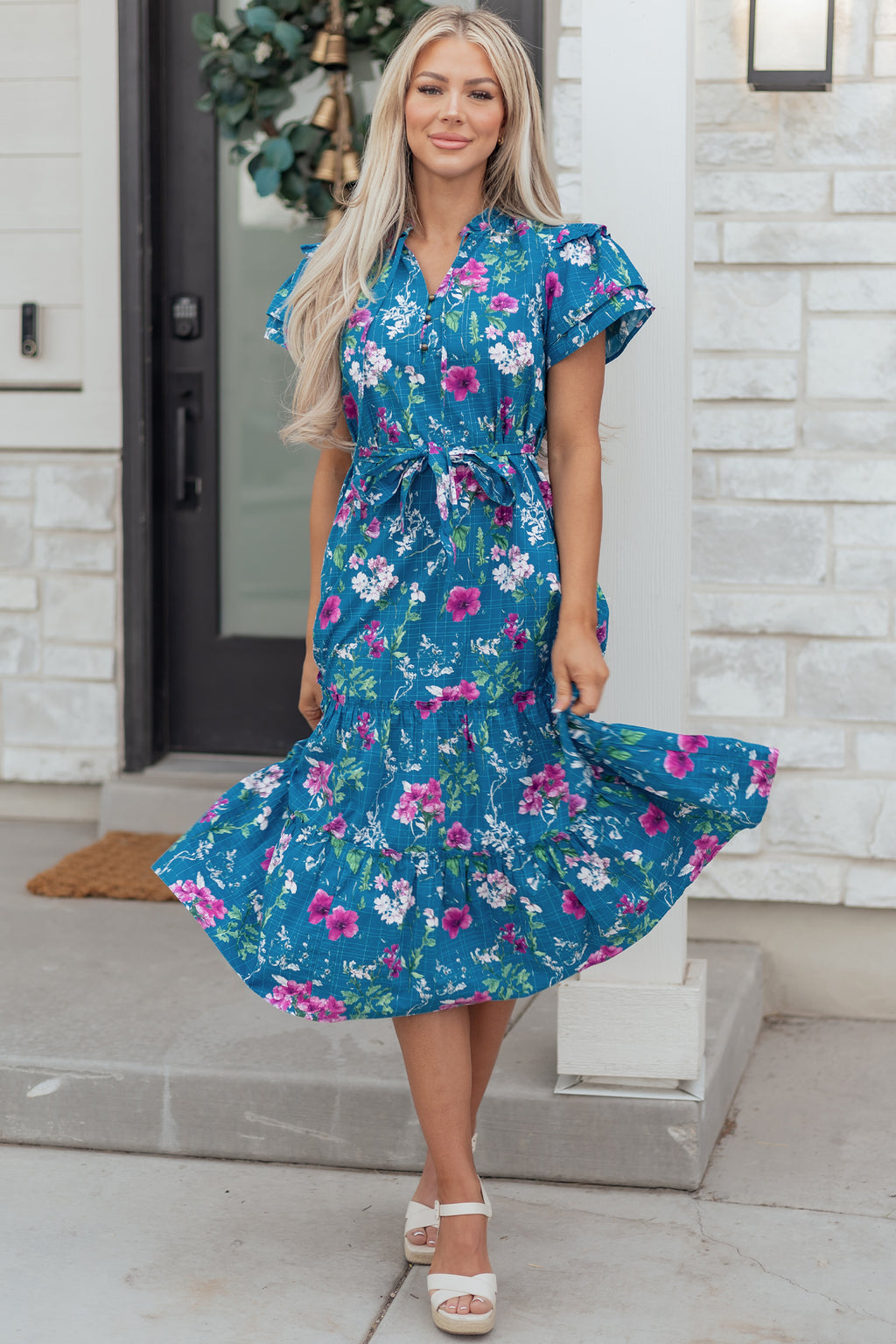 Blue Floral Flutter Sleeve Button Tie Split Neck Belted Long Dress S-XL