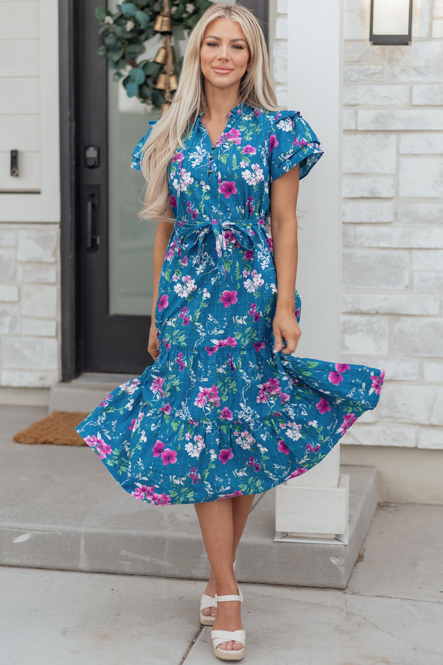 Blue Floral Flutter Sleeve Button Tie Split Neck Belted Long Dress S-XL