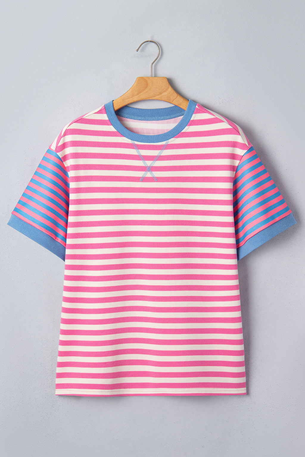 Pink Stripe Contrast Colourblock Short Sleeve Loose Tee
