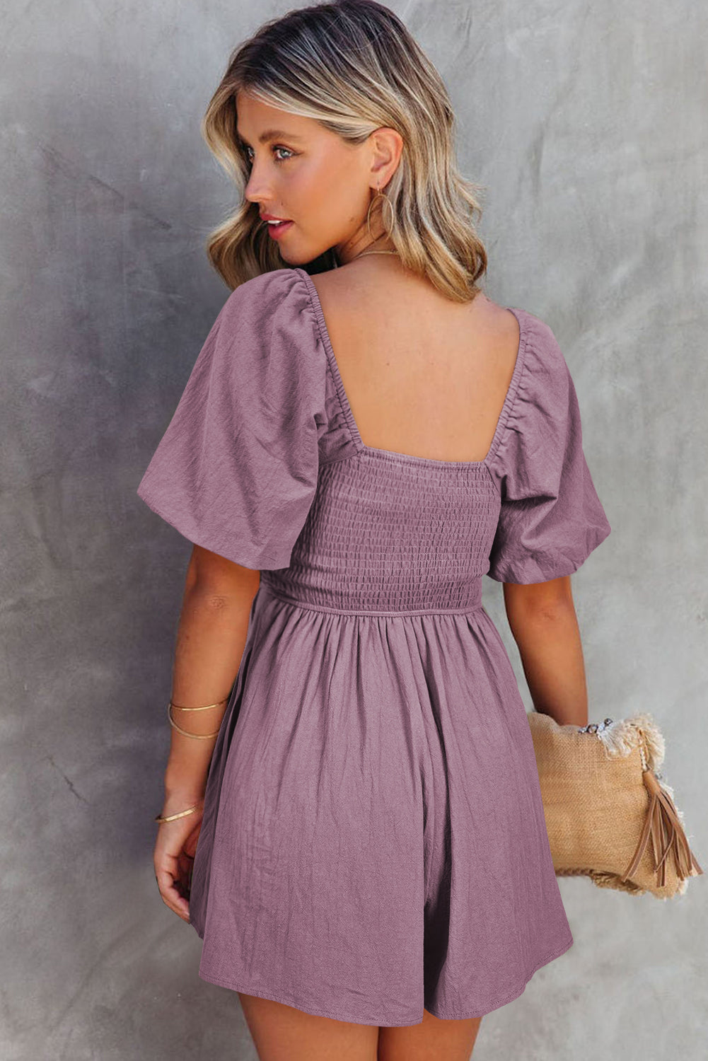 Sky Blue & Brown Square Neck Ruched Puff Sleeve Romper