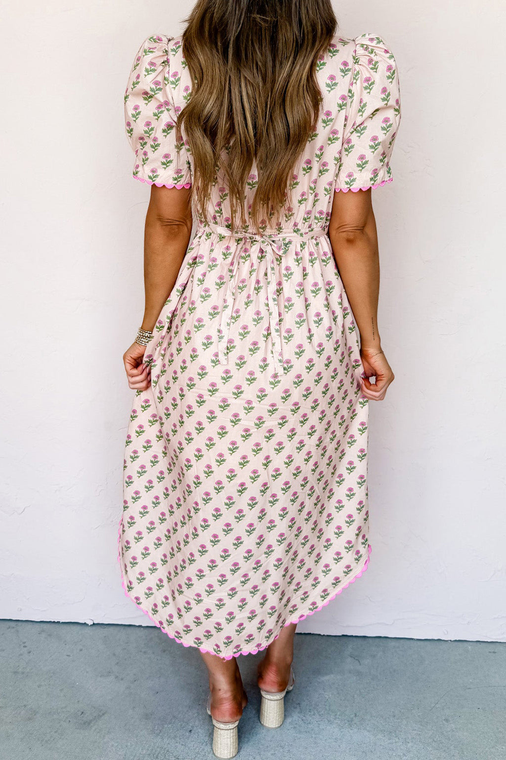 Women's Pink Floral V-Neck Scallop Trim Button Front Short Sleeve Maxi Dress at LivelyLooks