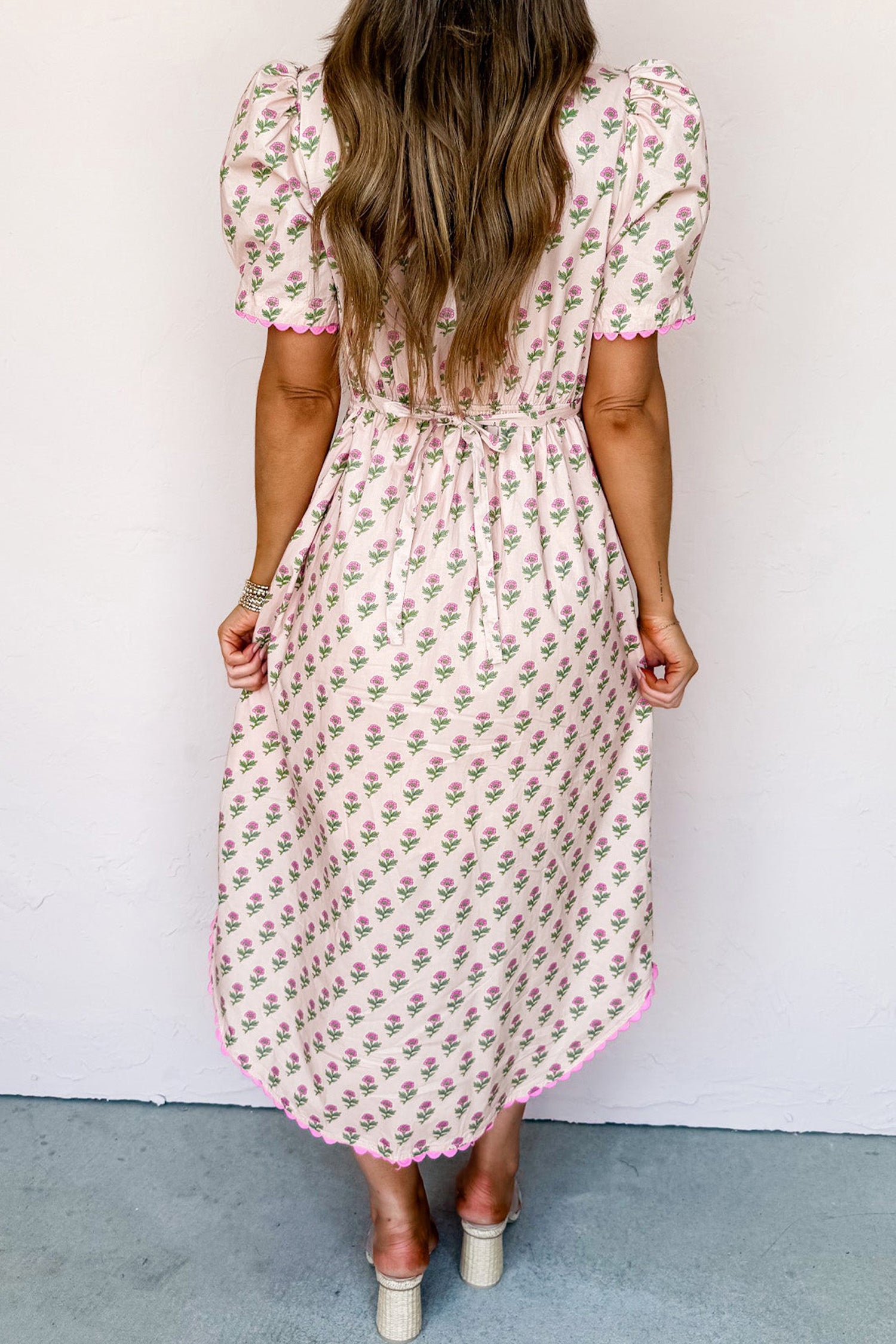 Women's Pink Floral V-Neck Scallop Trim Button Front Short Sleeve Maxi Dress at LivelyLooks