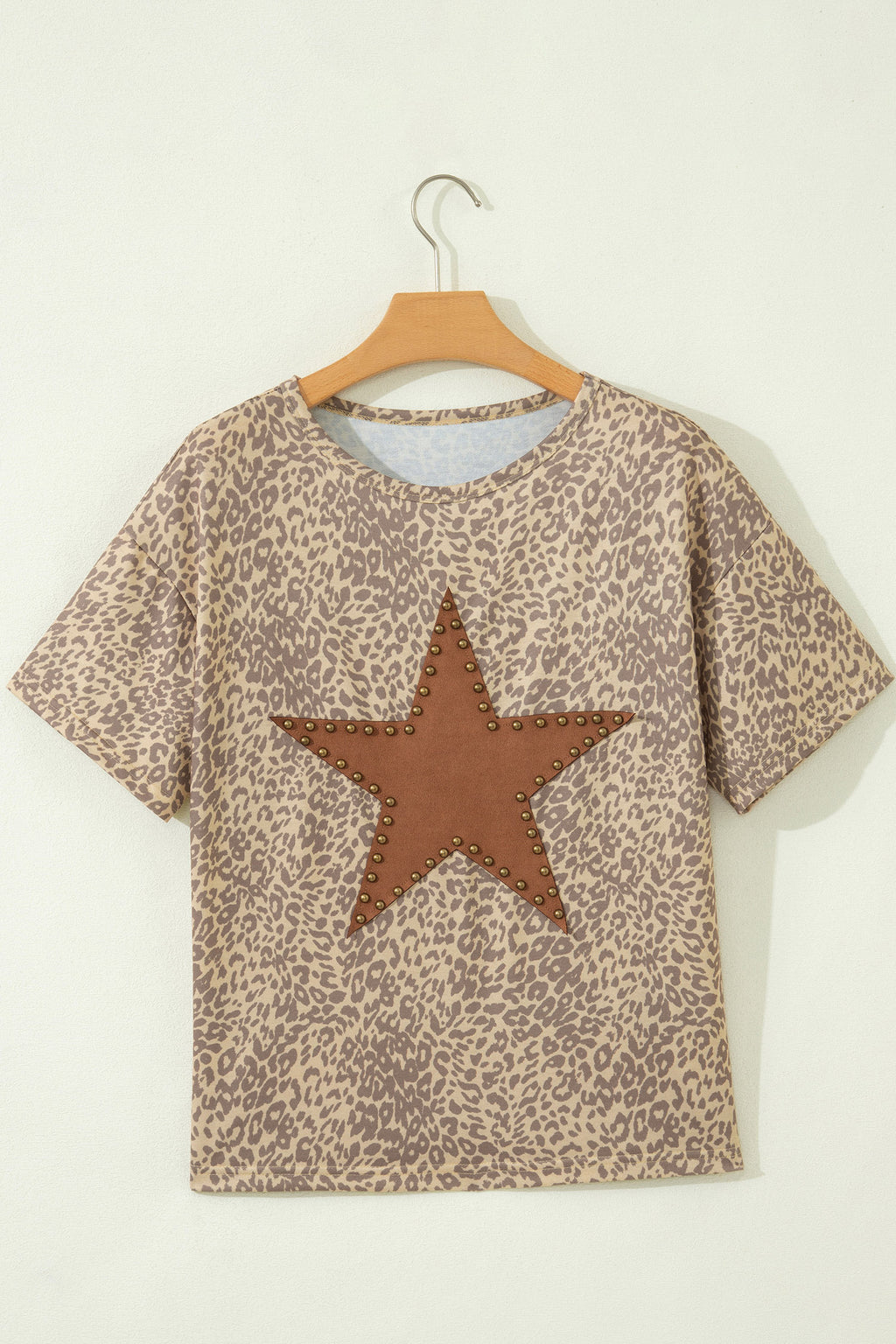 Women's Khaki Leopard Retro Studded Star Patch Loose Tee Animal Print T-Shirt Boho Top at LivelyLooks