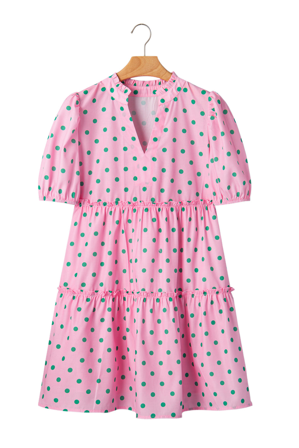Pink Polka Dot Print V Neck Short Sleeve Tiered Mini Dress | UK 8–22