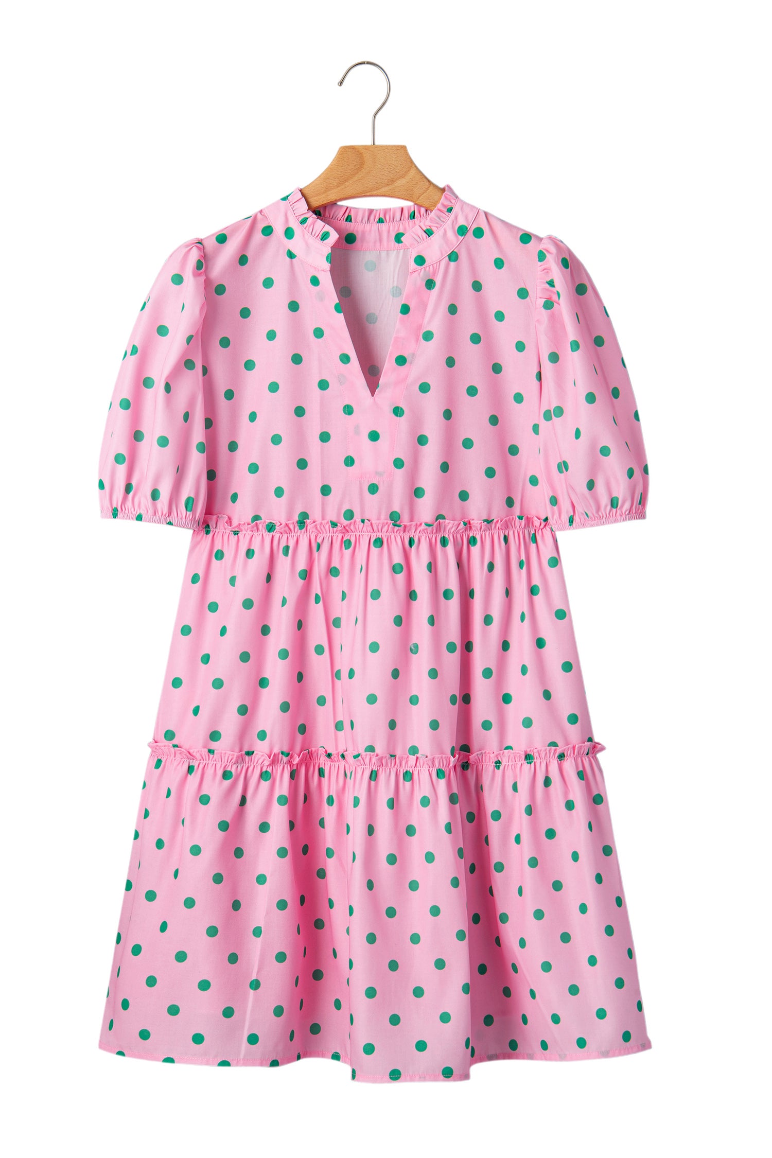 Pink Polka Dot Print V Neck Short Sleeve Tiered Mini Dress | UK 8–22