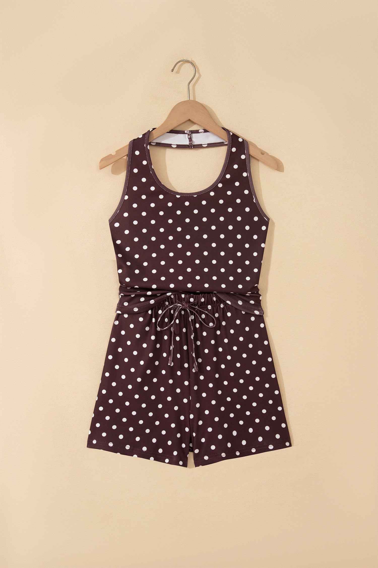 Polka Dot Halter Co-ord Short Set Drawstring Elastic Waist | Brown & Pink
