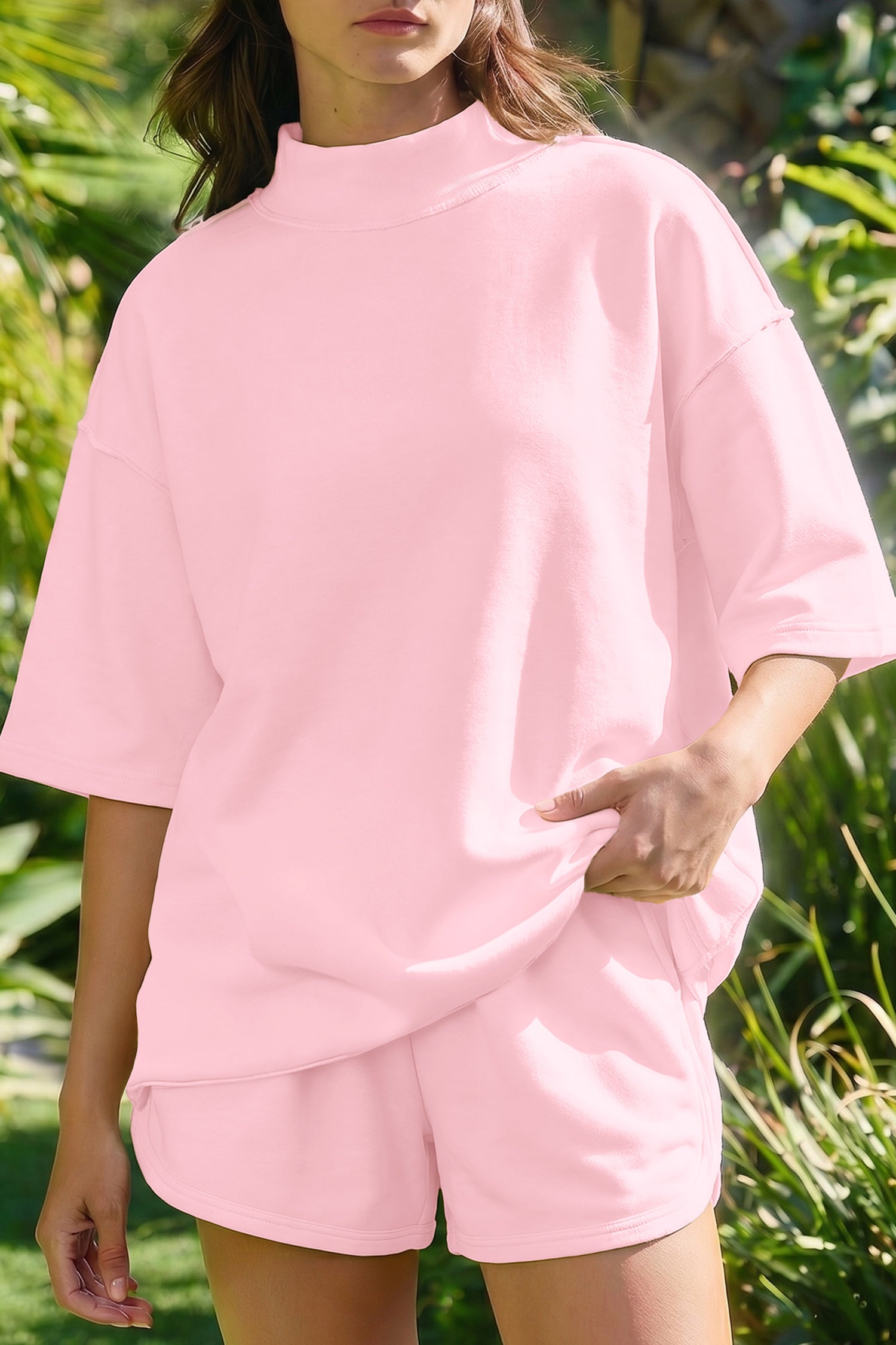 Exposed Seam Mock Neck Oversized Tee & Shorts Set – Mist Blue