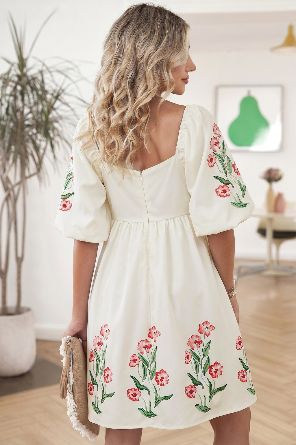 Women's Floral Puff Sleeve Babydoll Mini Dress Square Neck High Waist S-XL at LivelyLooks