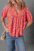 Orange Zebra Print Blouse Ruched Cuff Half Sleeve V Neck Women S-XL