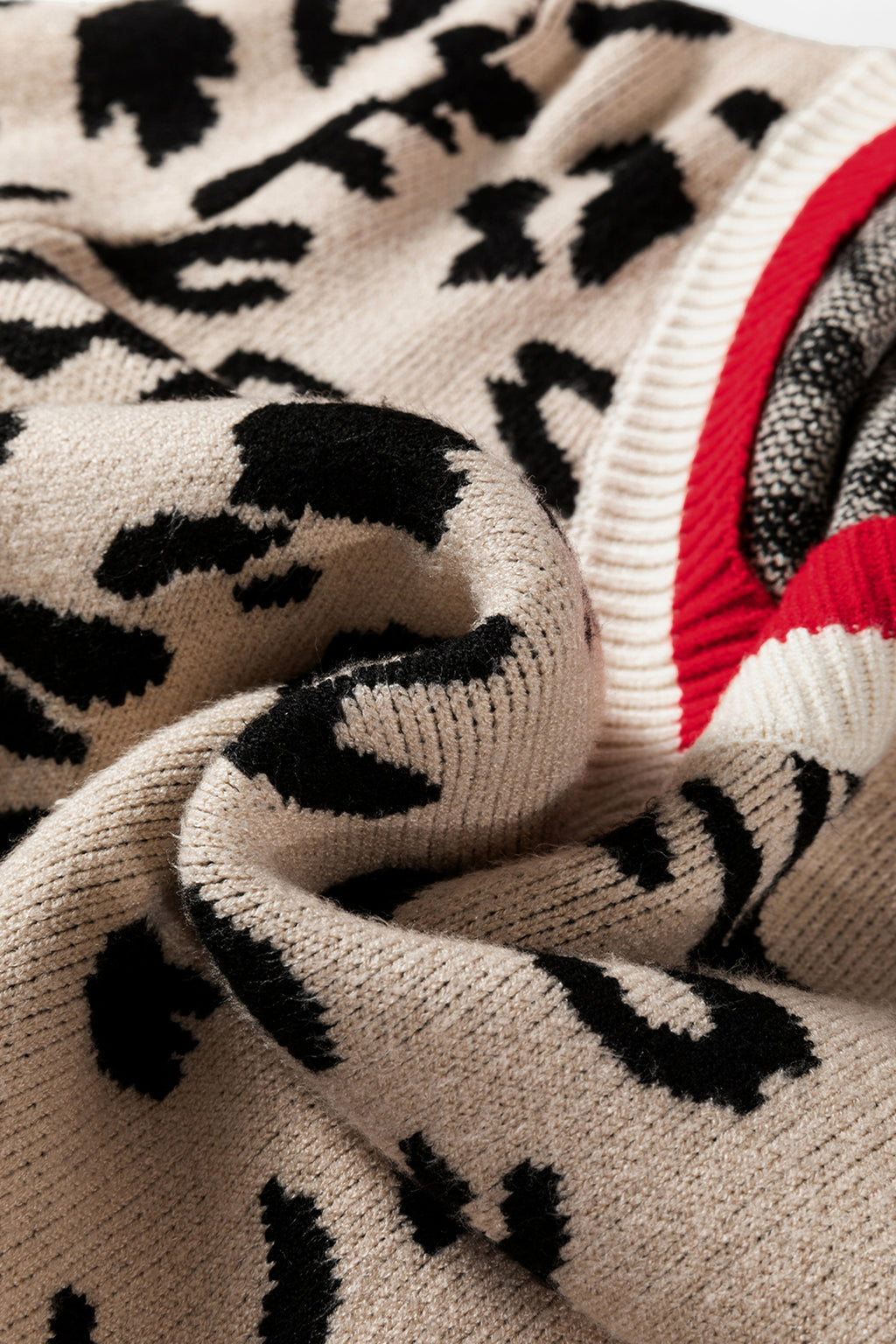 Khaki Leopard V-Neck Contrast Rib Knit Sweater | Sizes 8-22