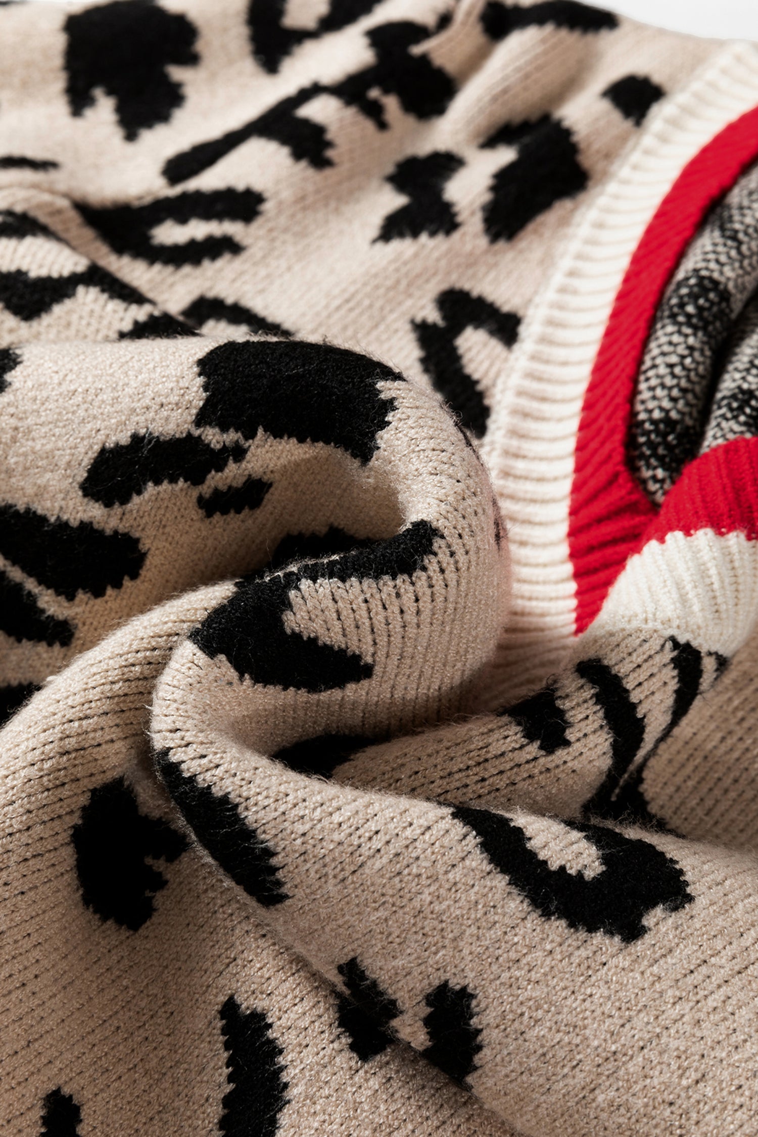 Khaki Leopard V-Neck Contrast Rib Knit Sweater | Sizes 8-22