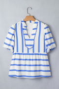 Women's Sky Blue Stripe Split V Neck Puff Sleeve Summer Blouse at LivelyLooks