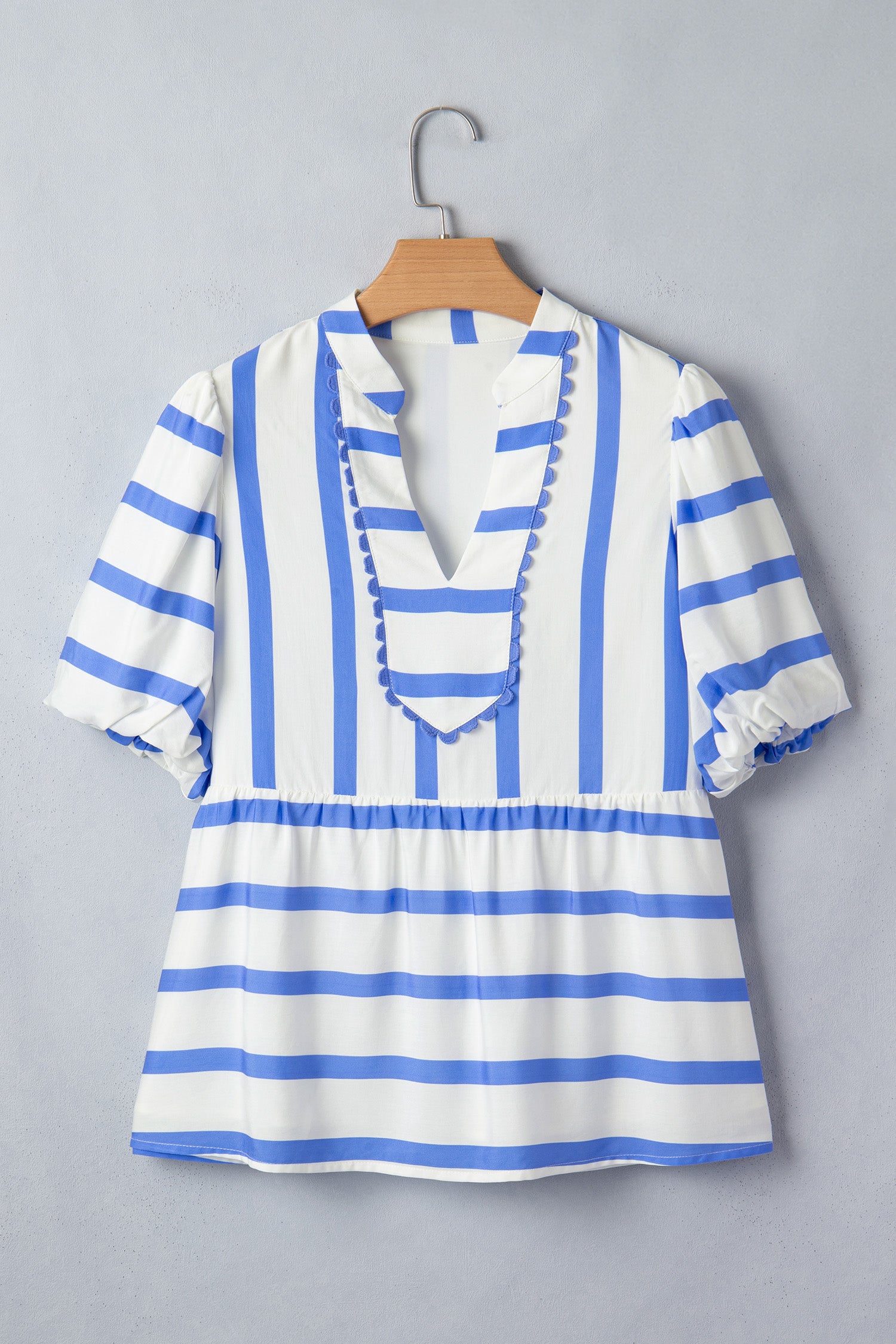 Women's Sky Blue Stripe Split V Neck Puff Sleeve Summer Blouse at LivelyLooks