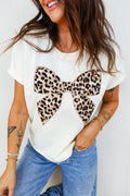 Women's Leopard Bow Embroidered Cotton Round Neck T-Shirt | White, Pink & Black | UK 8-22 at LivelyLooks