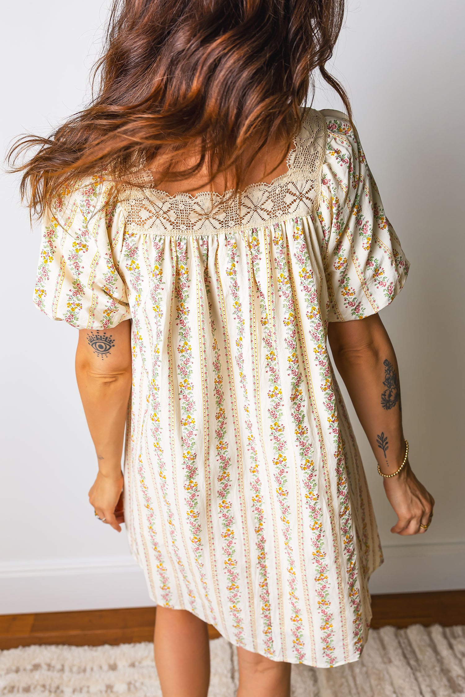 Multicolour Floral Ribbon Bow Lace Trim Square Neck Babydoll Mini Dress