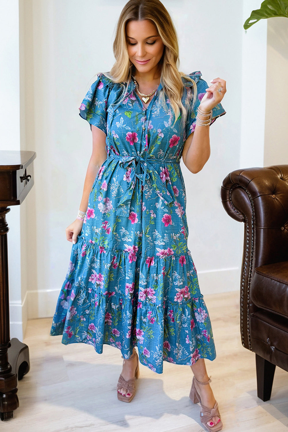 Blue Floral Flutter Sleeve Button Tie Split Neck Belted Long Dress S-XL